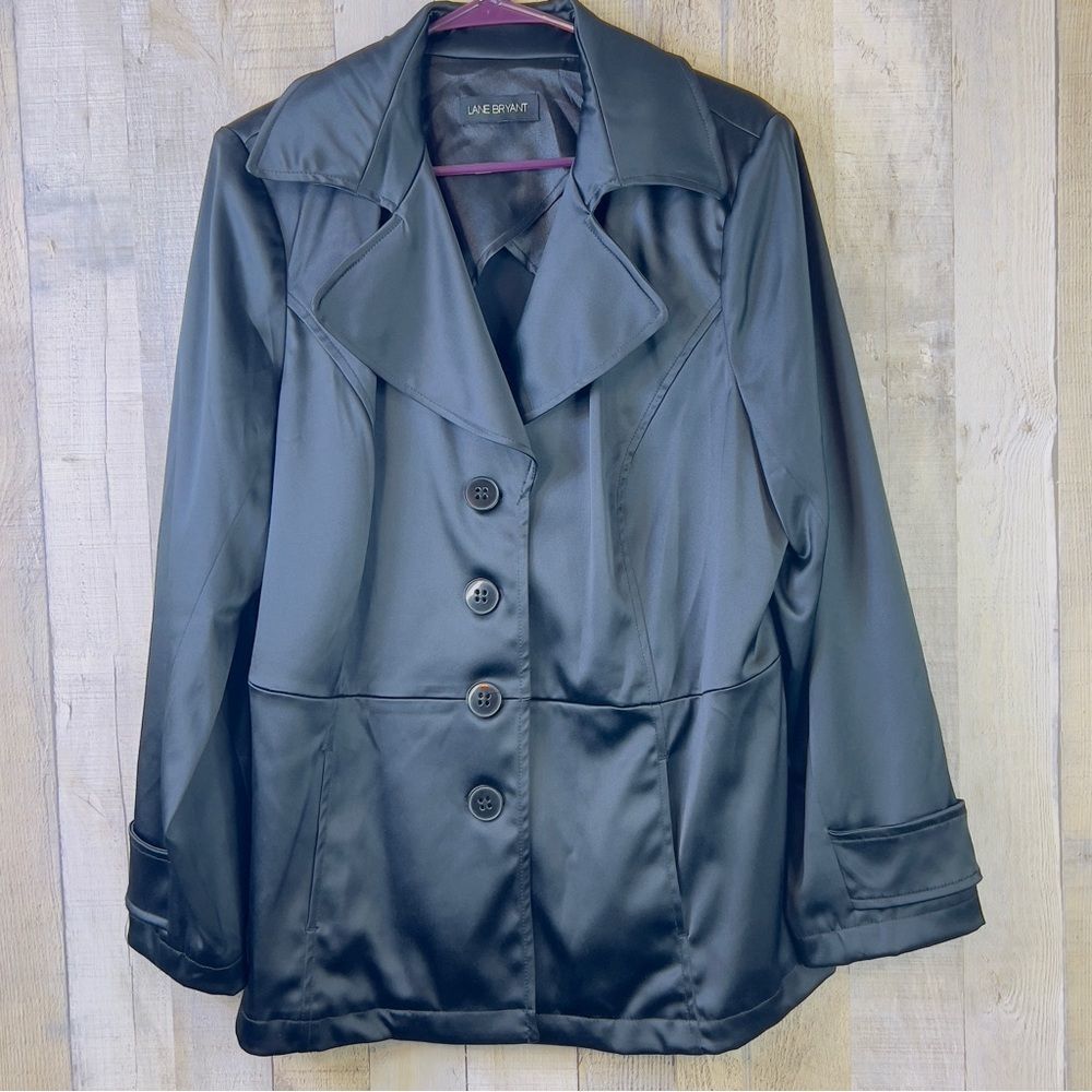 Lane Bryant Black Shiny Rain Overcoat Blazer Jacket with Pockets
